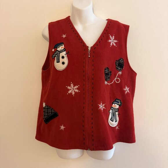 VINTAGE Red Fleece Snowman Christmas Vest Embroidered Zip Front Size Large - Picture 2 of 8